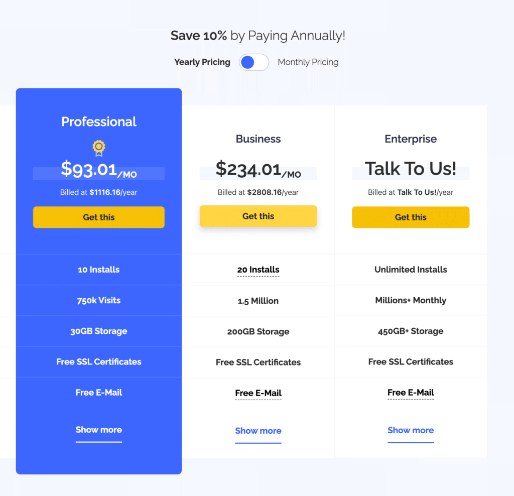BigScoots Pricing Grid screenshot