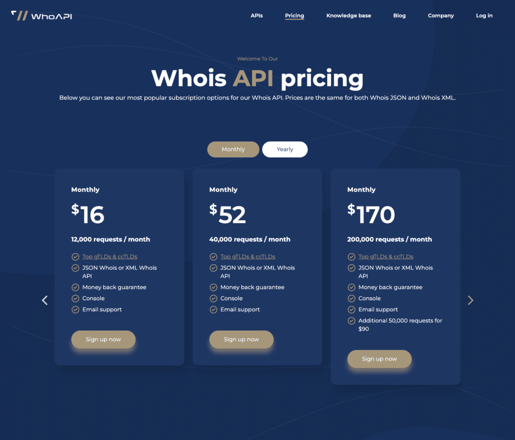 WhoAPI pricing grid screenshot
